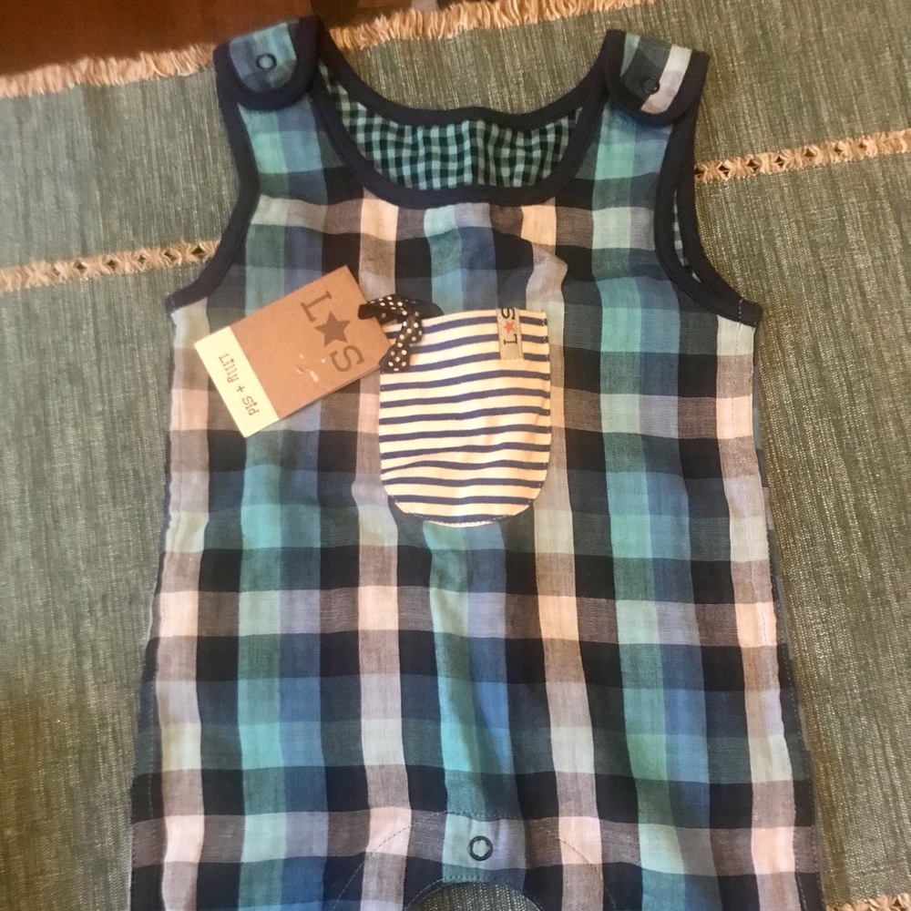 Lilly & Sid Reversible Blue Checkered Dungarees with Striped Front Pocket